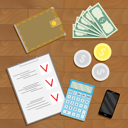 Financial accounting and verification. Finance checklist on desk, vector illustrationのイラスト素材