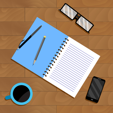 Work place top view with glasses, cup of coffee and notebook. Vector illustrationのイラスト素材