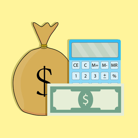 Count money vector. Finance currency, calculator and money bag illustrationのイラスト素材