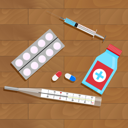 Treatment of influenza and colds. Bottle and pack capsule. Vector illustrationのイラスト素材