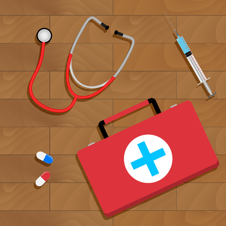 Tools of doctor on table. Doctor workplace concept, diagnostic and instrument. Vector illustrationのイラスト素材