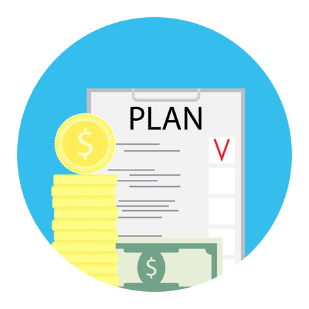 Business plan icon finance. Investment plan checklist, money and task, vector illustrationのイラスト素材