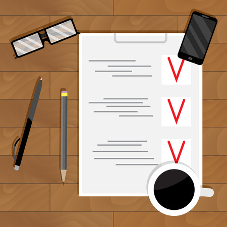 Checklist plan and organization. Analysis project document page, wooden table and paperwork.のイラスト素材