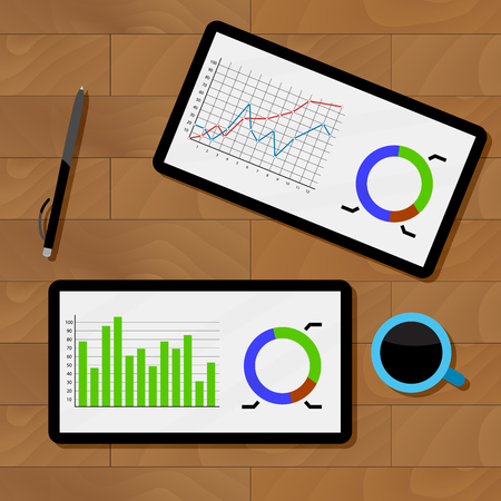 Statistics analysis chart. Analyzing data and review chart on tablet, vector illustrationのイラスト素材