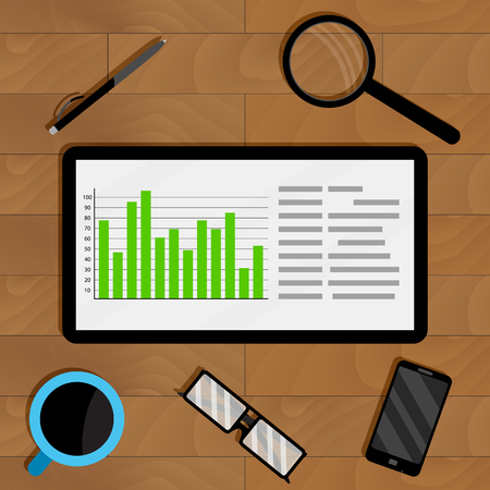 Statistics in electronic form on tablet. Economic statistic graph, finance information forecast. Vector illustrationのイラスト素材