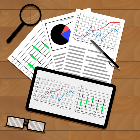 Statistical data on table. Annual chart and graphic on tablet, document for analysis and forecast, vector illustrationのイラスト素材