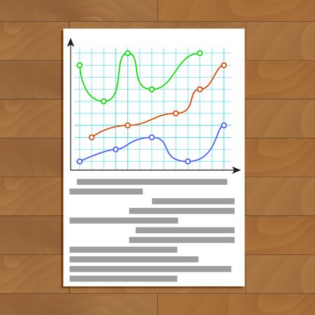 Document with color curve line graphic. Finance economy growth profit chart, vector illustrationのイラスト素材