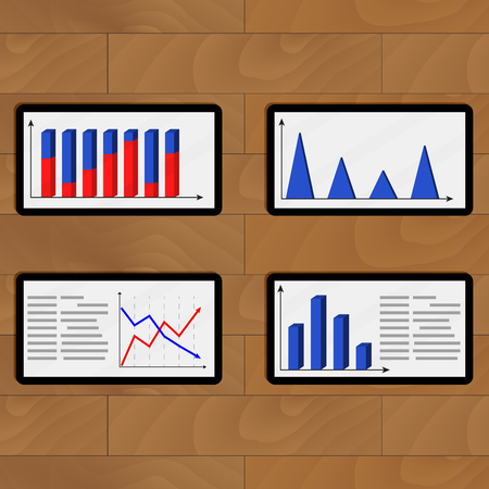 Set of tablets with reports, 3d chart and graph ilustrationのイラスト素材