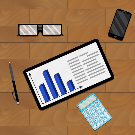 Workplace desk with chart, accounting and statistical illustrationのイラスト素材