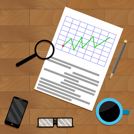Analytics with magnifying glass. Report result, infochart and diagram illustrationのイラスト素材