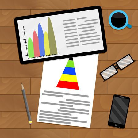 Annual statistical analytics, tablet with diagram and graphic illustrationのイラスト素材