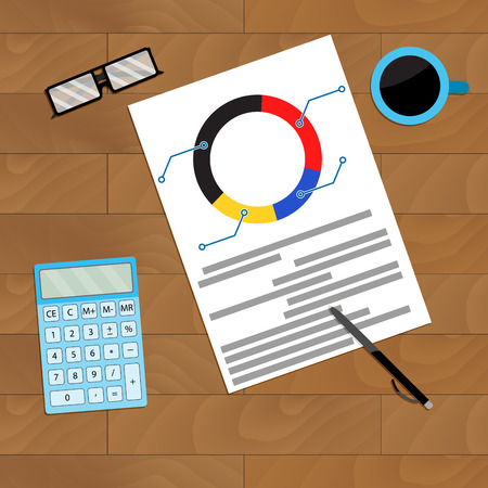 Finance flowchart on workplace, pie chart with coffee illustrationのイラスト素材