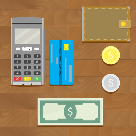 Money cash and credit card. Silver and golden coin with wallet. Vector illustrationのイラスト素材