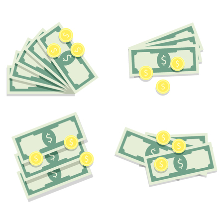 Money banknote fan and golden coins. Money icon dollar, finance cash stack, vector illustrationのイラスト素材