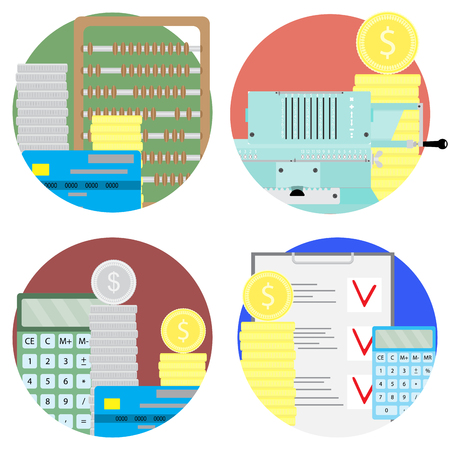 Financial audit and money account set icons. Audit profit and budget, balance analysis and planning. Vector illustrationのイラスト素材
