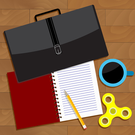 Work business top view. Vector work flow view, office table business with briefcase, spinner and notebook illustrationのイラスト素材