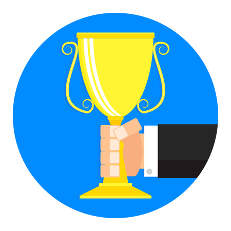 Golden cup in hand icon flat cartoon. Winner leadership hand trophy, reward, and victory, triumph badge label. Vector illustrationのイラスト素材