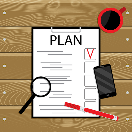 Plan and organization. Management checklist task, work table wooden, vector illustrationのイラスト素材
