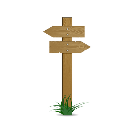 Crossroads pointer wooden arrow. Vector left and right pointing, wood signpost directional to route, signboard and guidepost illustrationのイラスト素材