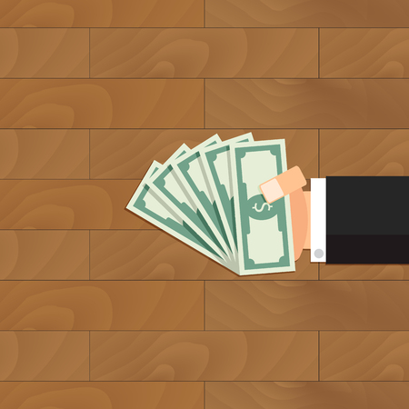 Grease the palm. Vector bribe money in hand, corruption and payment banknote, bribery in palm illustration.のイラスト素材
