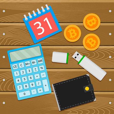 Salary in crypto coin bitcoin. Crypto salary on wallet, bitcoin and calculator. Vector illustrationのイラスト素材