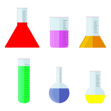 Labware toxic chemicals and fluids. Laboratory glass with colored substance and bottomed, vector illustrationのイラスト素材