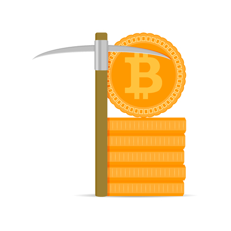 Mining bitcoins gold. Vector coin stack and pickaxe illustrationのイラスト素材