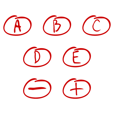 Evaluation of exam rating. Handwriting letters for examination a b c d e. Vector illustrationのイラスト素材