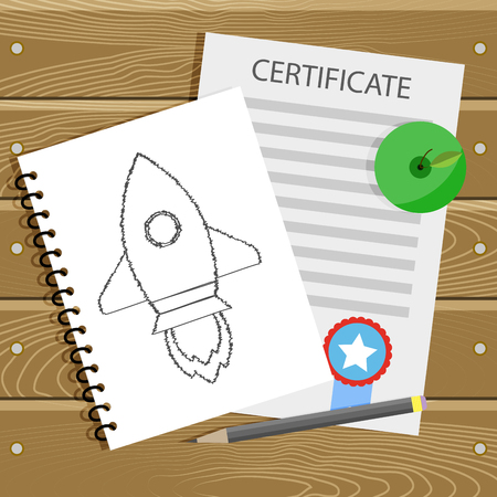 Beginning learn college, graduation and education start up, certificate and pencil sketch rocket start off, vector illustrationのイラスト素材