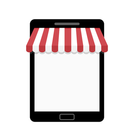 Tablet with striped awning. Template for web shop. Business commerce web, empty screen market online. Vector illustrationのイラスト素材