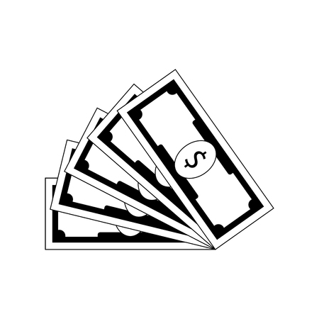 Fan banknote dollar black white. Cash bill dollar, banknote wage, bundle profit, vector illustrationのイラスト素材