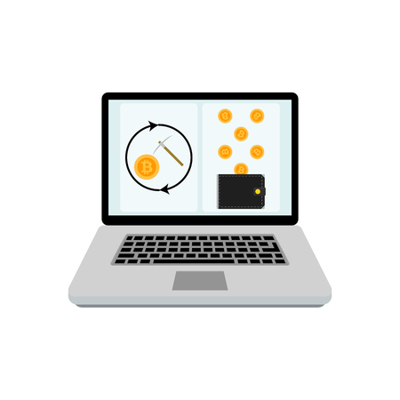 Mining bitcoin laptop. Vector finance coin mining, internet technology exchange illustrationのイラスト素材