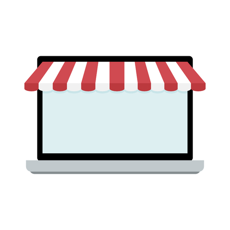 Screen of laptop with awning. Laptop store, copy space for shopping storefront, vector illustrationのイラスト素材
