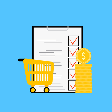 Product budget and list. Planning supermarket check, shop, sale, retail purchase checklist and money budget. Vector illustrationのイラスト素材