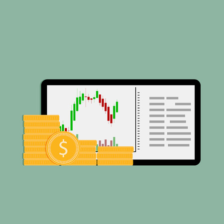 Buy and sell on financial exchange on tablet. Exchange finance, currency stock trade, vector illustrationのイラスト素材
