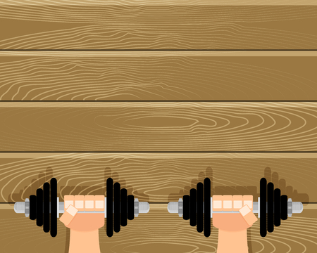 Train hands with dumbbells in gym. Strong train, strength workout with dumbbell. Vector illustrationのイラスト素材