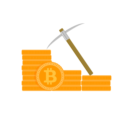 Mining golden bitcoin. Mining bitcoin golden, electronic finance, vector illustrationのイラスト素材
