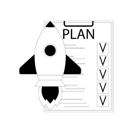 Plan start up launch. Rocket and checklist. Development idea, strategy process, vector illustrationのイラスト素材