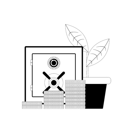 Storage and deposit growth. Steel safe, coin money stack and plant. Vector illustrationのイラスト素材