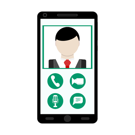 Video call use smartphone. Look to interlocutor on phone app. Vector illustrationのイラスト素材