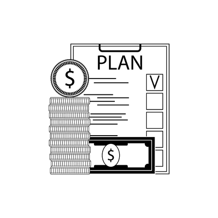 Finance plan concept line style. Checklist planning and money coins banknote. Vector illustrationのイラスト素材