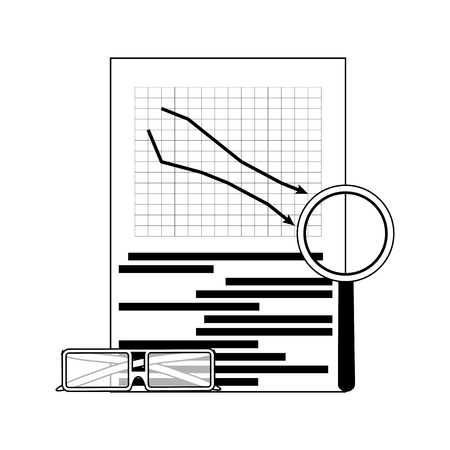 Market downward line. Vector chart arrow down and magnifying glass illustrationのイラスト素材