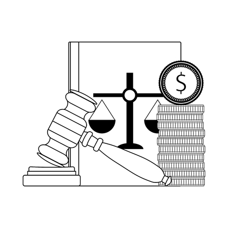 Corrupt bribery in judge. Vector line money bribe, constitution and gavel illustrationのイラスト素材