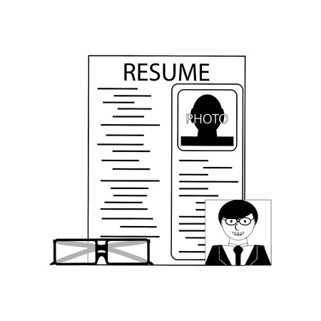 Find work business concept linear outline. CV resume and photo candidate. Vector illustration. writing cv line styleのイラスト素材