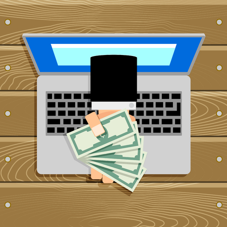 Online salary or compensation cash banknote. Online payments, freelancer fees. Vector transaction salary and compensation, financial profit illustrationのイラスト素材