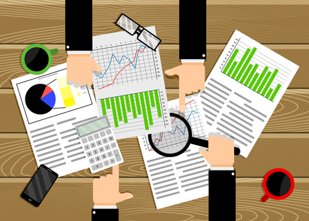 Analysis data chart and diagram. Team work business. Team business, diagram marketing research, management planning, vector illustrationのイラスト素材