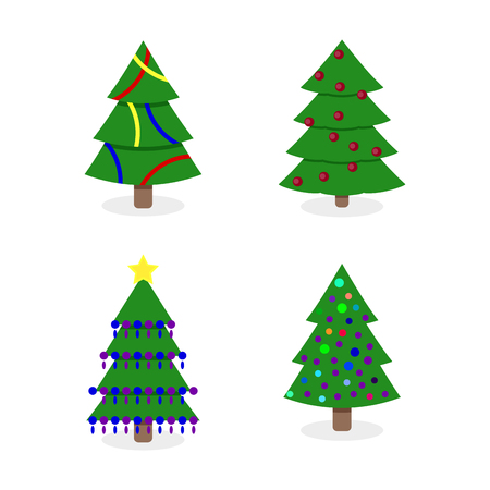 Decorated christmas tree collection illustration. Tree christmas tree decorated to winter holiday xmas, lighted christmas tree, new year tree isolated vectorのイラスト素材