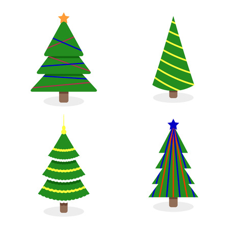 Christmas tree collection with colored garlands. Vector green xmas tree to new year holiday illustrationのイラスト素材