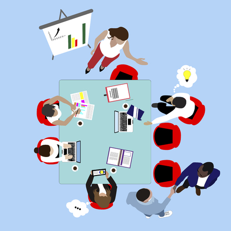 Team work and business meeting. Presentation and brainstorm top view vector. Office teamwork, collaboration flat illustration. Conference in boardroom, business conference, office top view vectorのイラスト素材