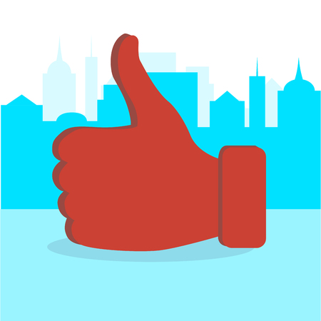 Like thumb up in city. Addiction like button, message worldwide for chatting, vector illustrationのイラスト素材
